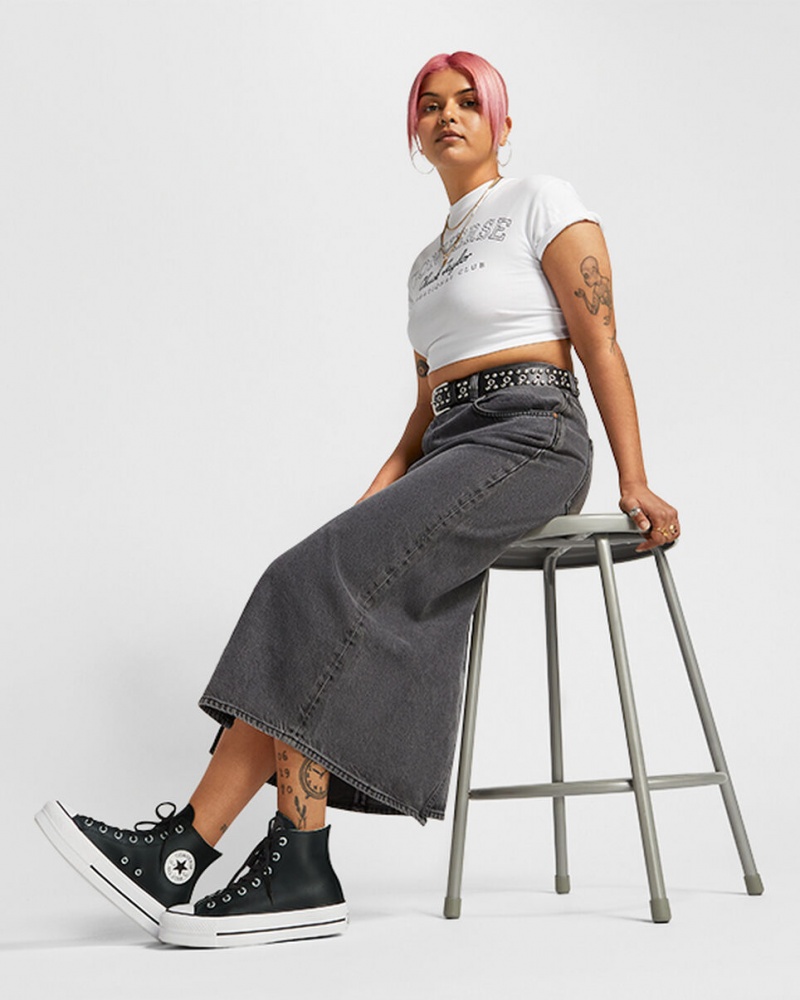 Converse Chuck Taylor All Star Lift flatforms δερματινα μαυρα μαυρα ασπρα | QASCXH-134