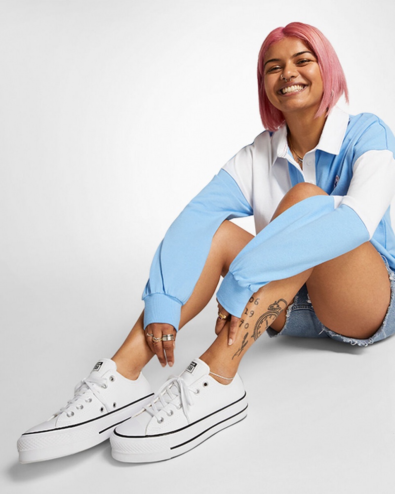 Converse Chuck Taylor All Star Lift flatforms δερματινα ασπρα μαυρα ασπρα | HSOPEY-792